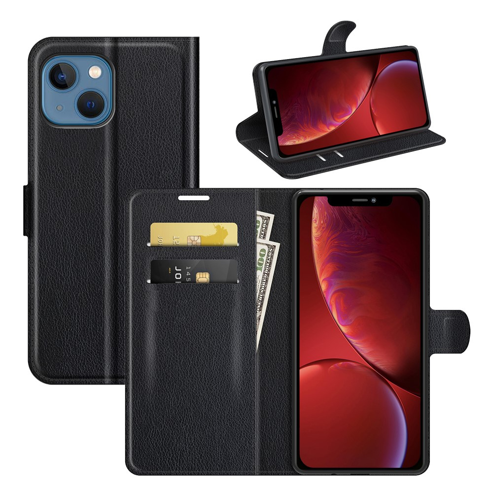 iPhone 13 Mini Leder Tasche Flip Cover Litchi Look - Schwarz