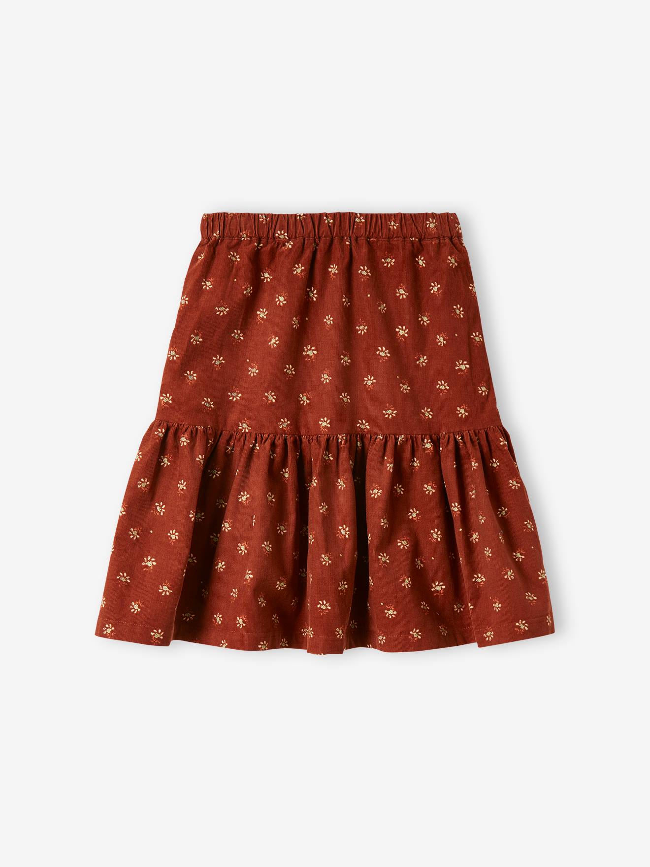 Saia de veludo cotelê com estampa floral e detalhes iridescentes, para meninas, marrom médio.