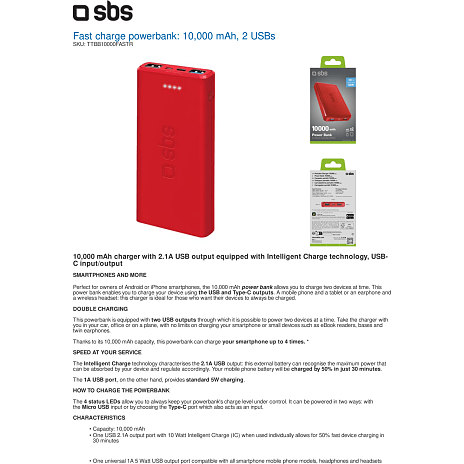 SBS powerbank 10.000 mAh - rød
