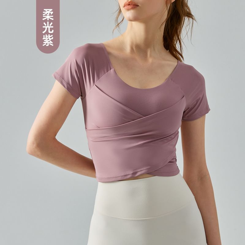 femmal - Yoga T-shirt met korte mouwen en ronde hals, effen criss cross