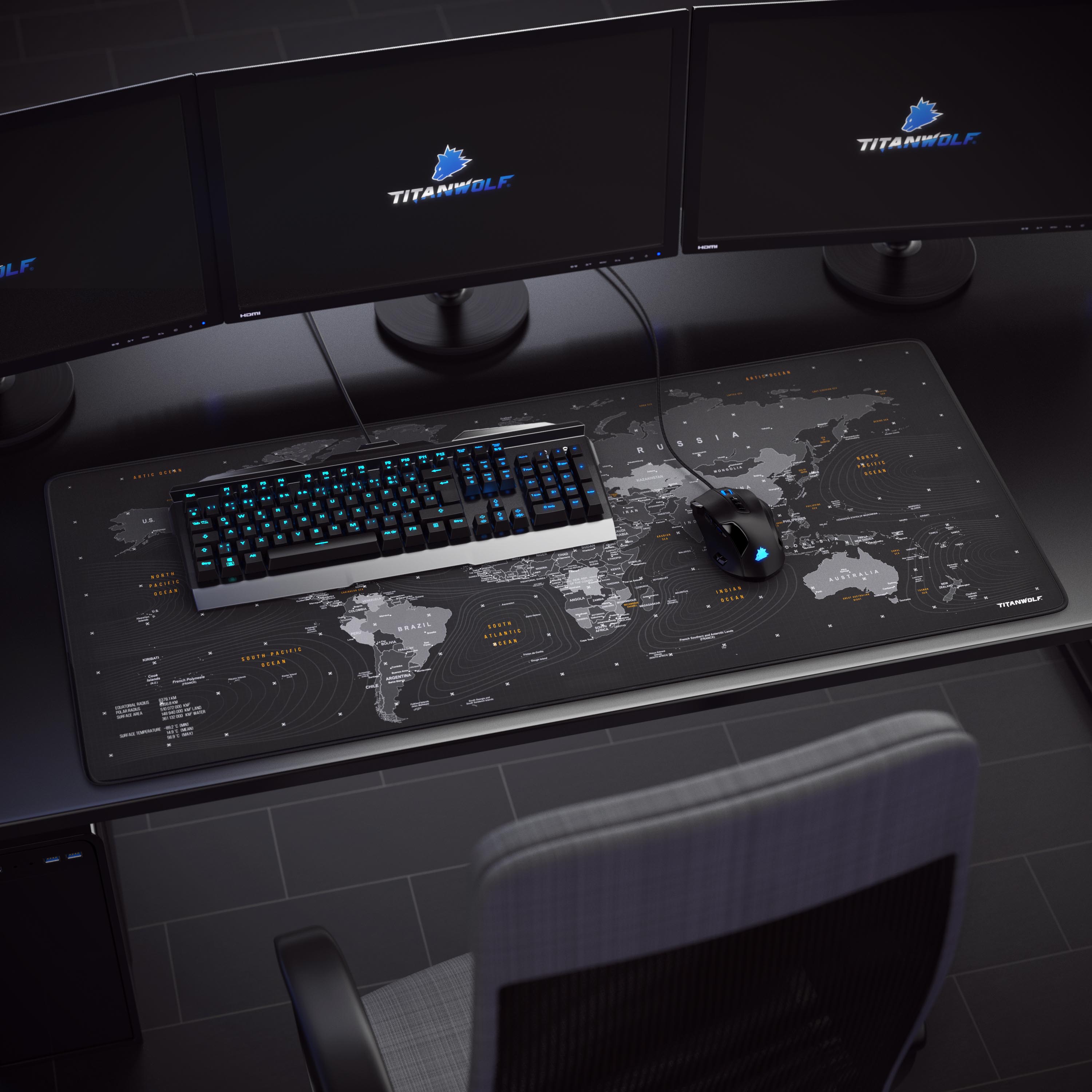 Titanwolf Gaming Mauspad XXL, glattes Stoffgewebe, Speed Mousepad 900 x 400mm große Fläche, Globus