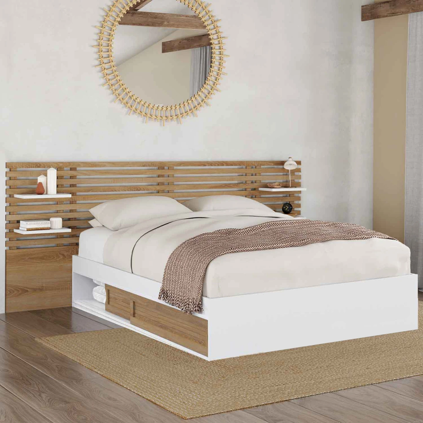 Lit double SAVANA avec tête de lit, chevets, rangements et sommier 140 x 190 cm hêtre et portes blanches