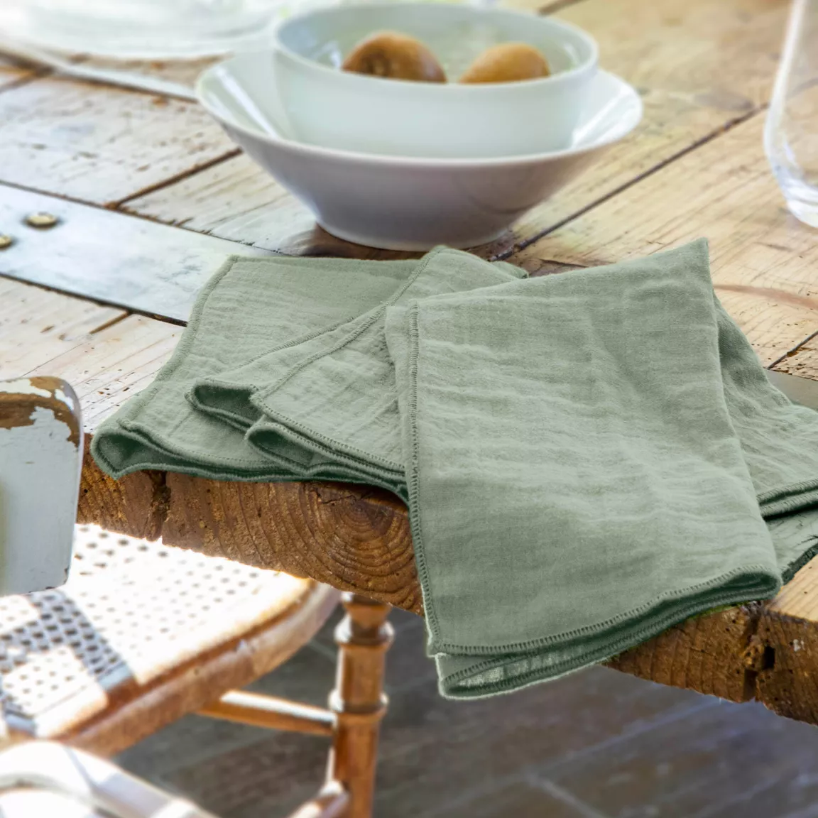 Lot de 3 serviettes gaze de coton (40 x 40 cm) Gaïa Vert eucalyptus