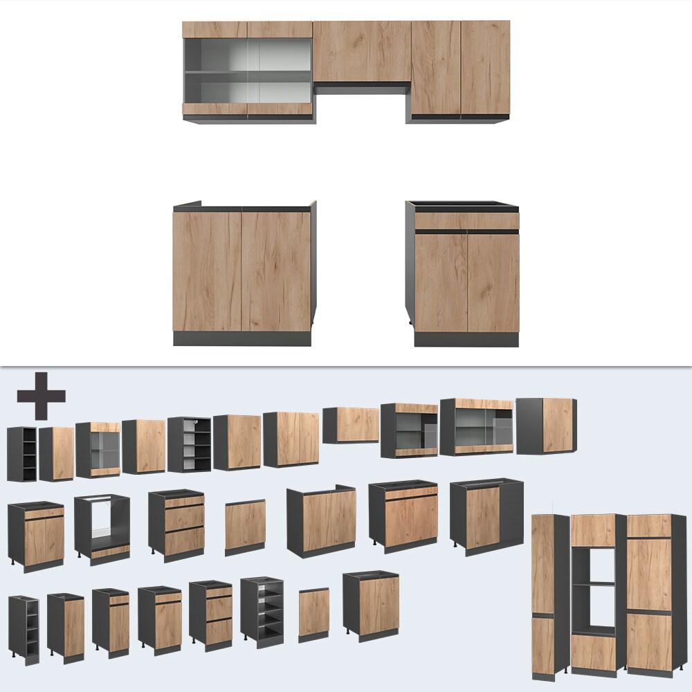 Vicco Küchenzeile Küchenblock Einbauküche R-Line J-Shape Anthrazit Eiche 200 cm modern Küchenschränke Küchenmöbel