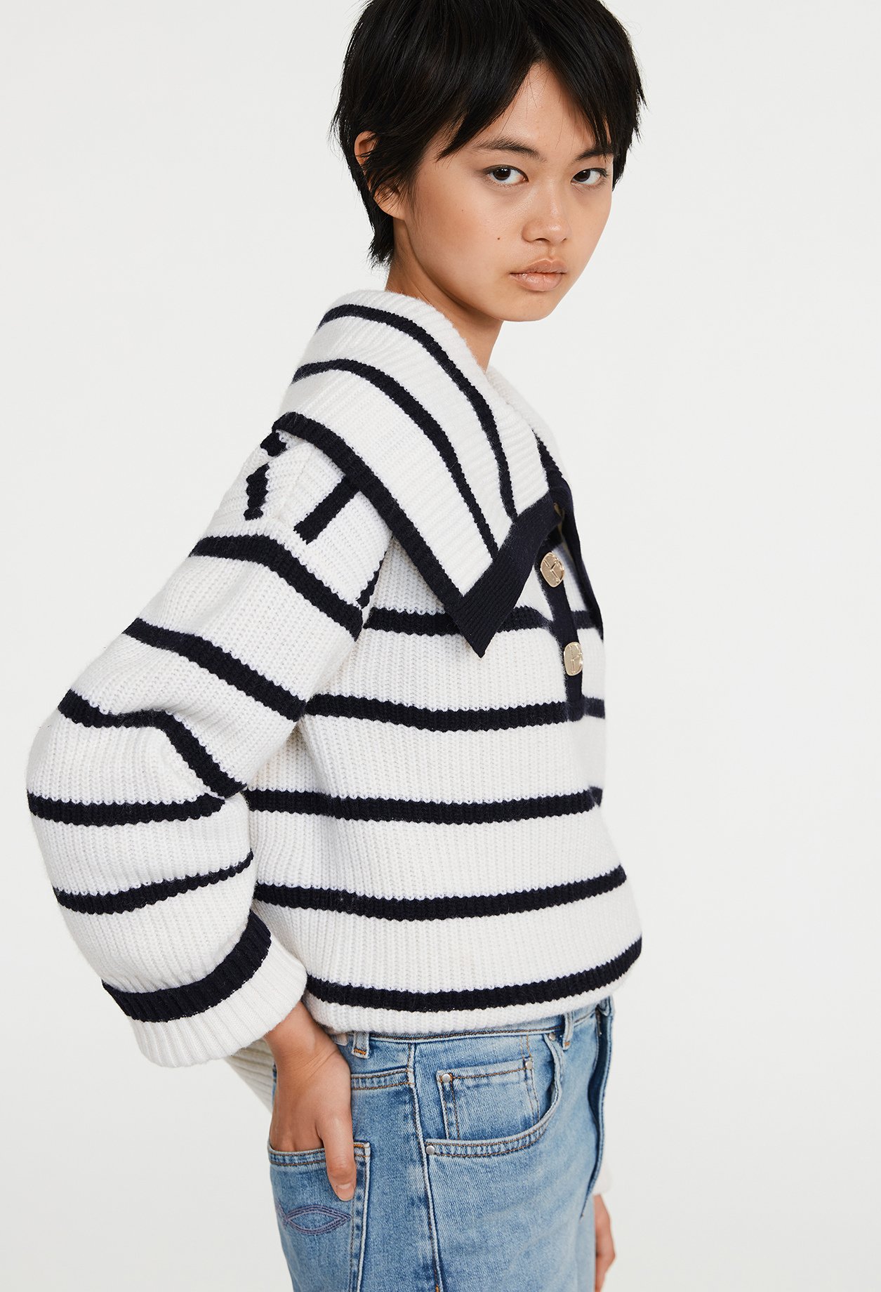 Pull bicolore &agrave; rayures laine