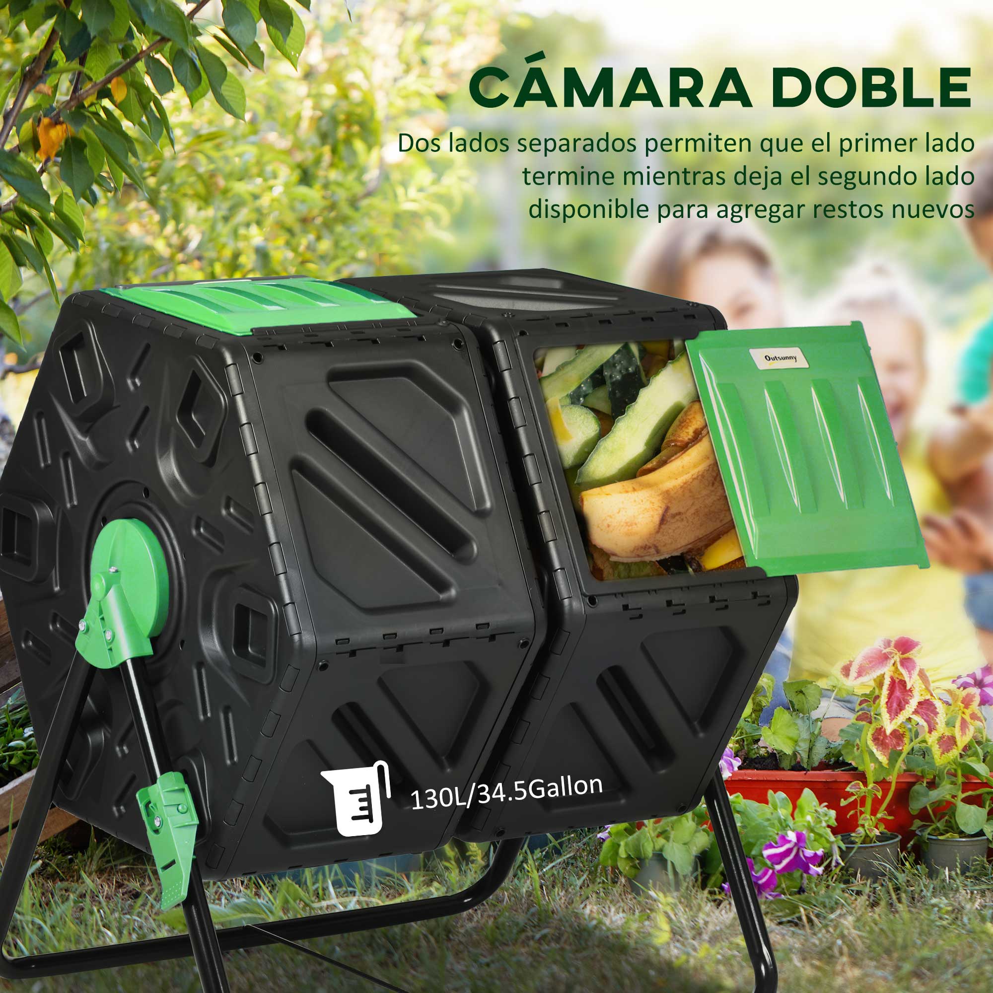 Compostor de jardim Outsunny de câmara dupla preto