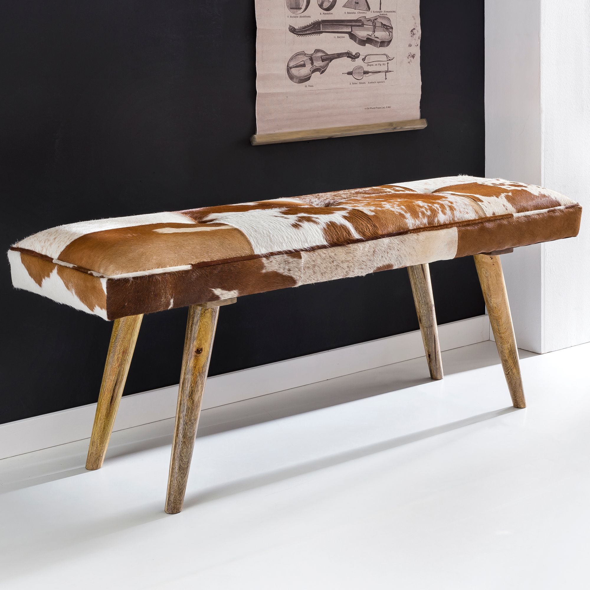 KADIMA DESIGN Sitzbank im Landhausstil mit Ziegenfellüberzug, echtes Leder, Mango Holz, 220 kg Belastbarkeit