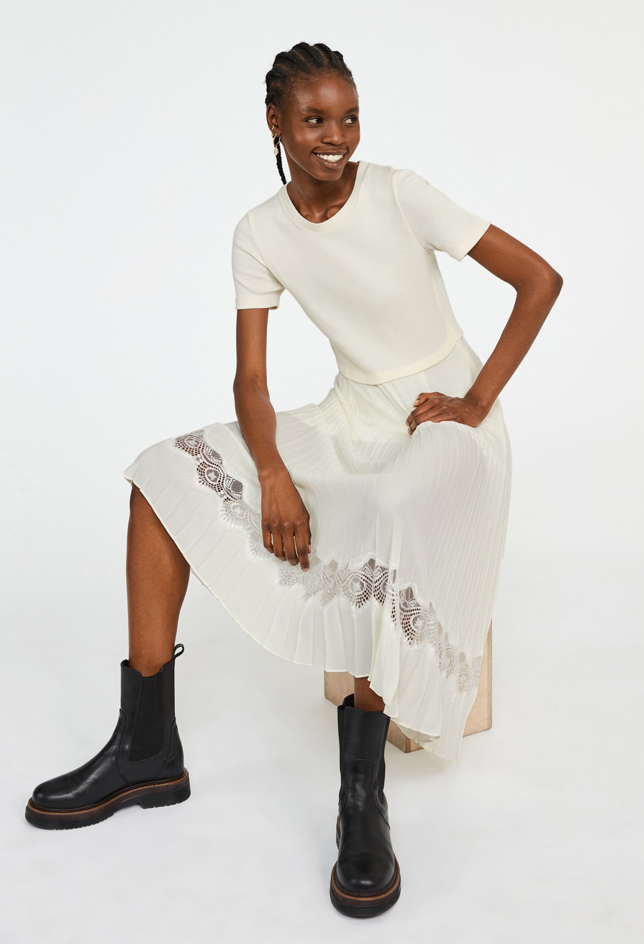Robe midi Teli bi-mati&egrave;re ivoire
