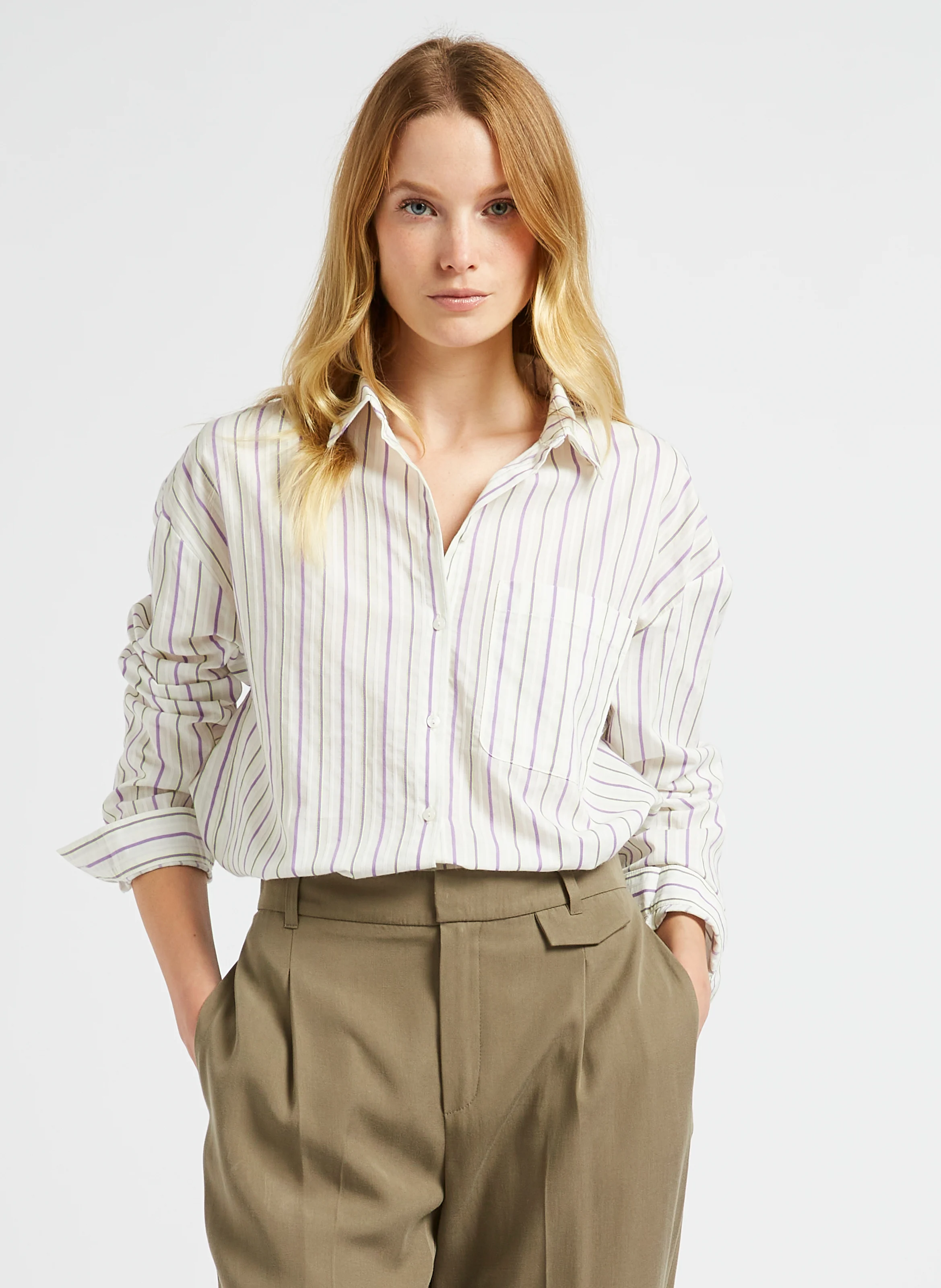 CELESTE - Chemise ample col classique en coton rayé | Violet