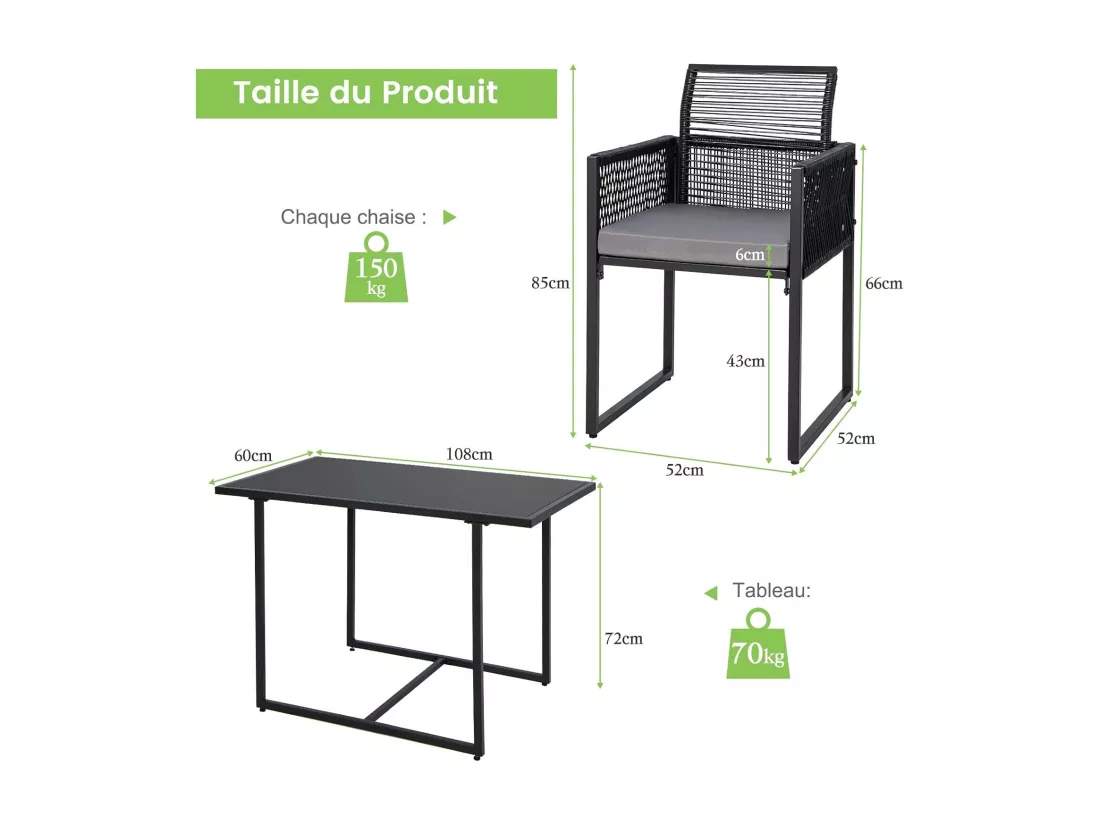 Ensemble de Meubles de Patio 3 Pcs en Rotin et fibre naturelle PE avec Dossier Pliant Charge 150KG, Salon de Jardin avec Coussins Plateau de Table en Verre Trempé, pour Jardin Bord de Piscine