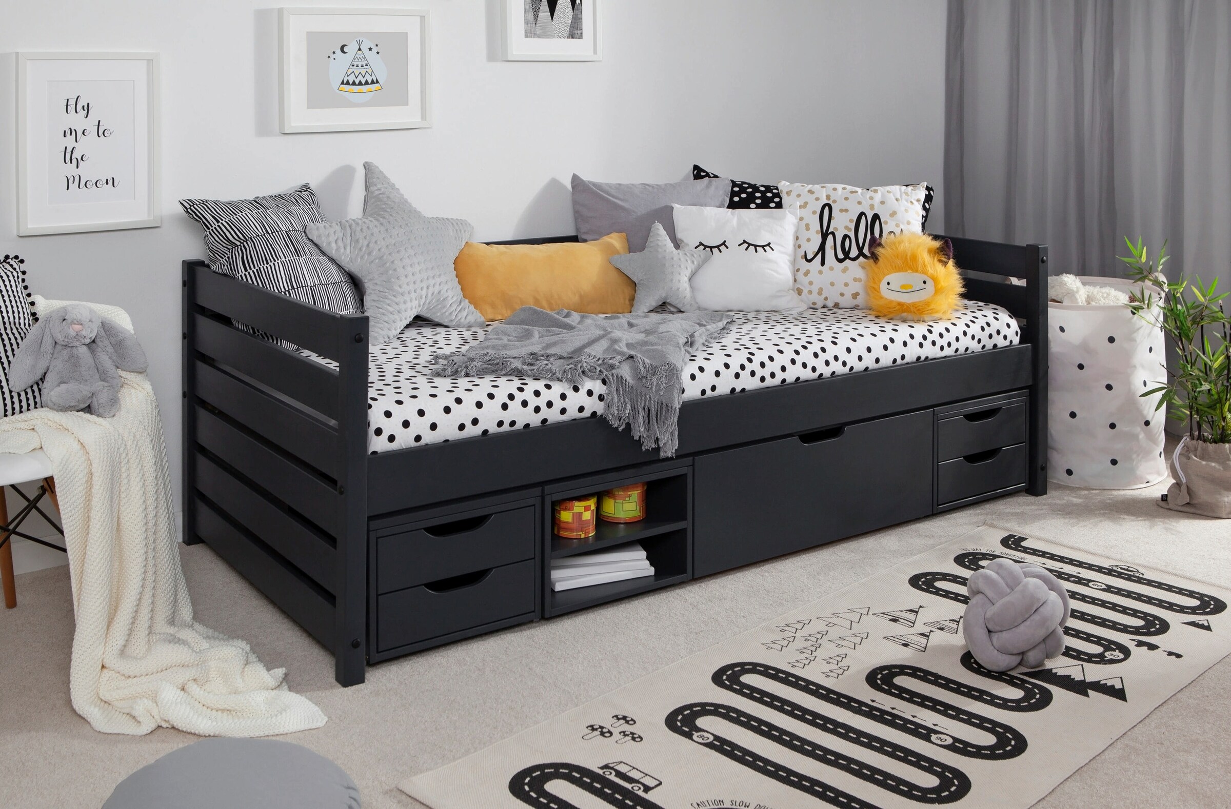Ticaa Sofabett Naomi inkl. Funktionsschubkästen, 90x200 Grau