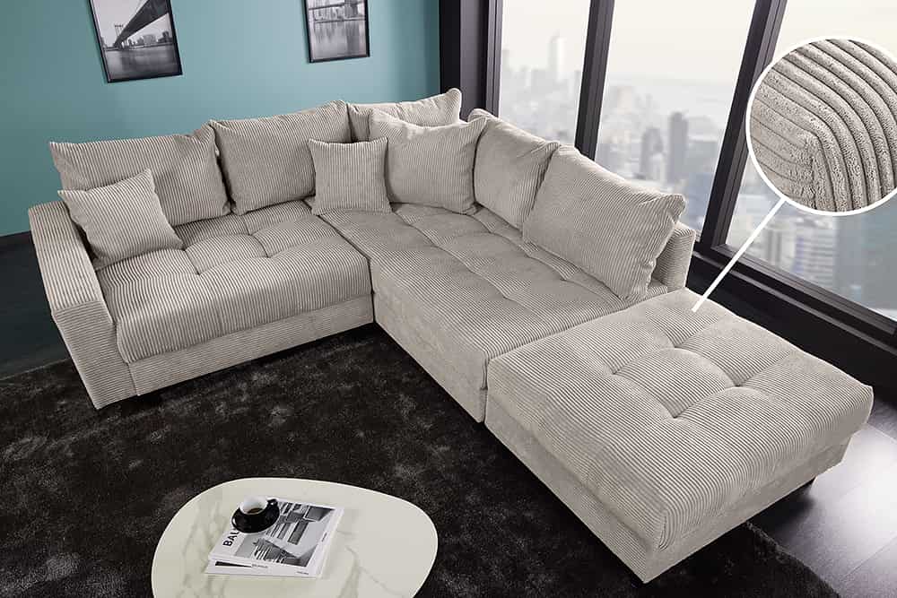 Modernes Ecksofa KENT 220cm greige Cord inkl. Hocker Federkern L-Form Wohnlandschaft