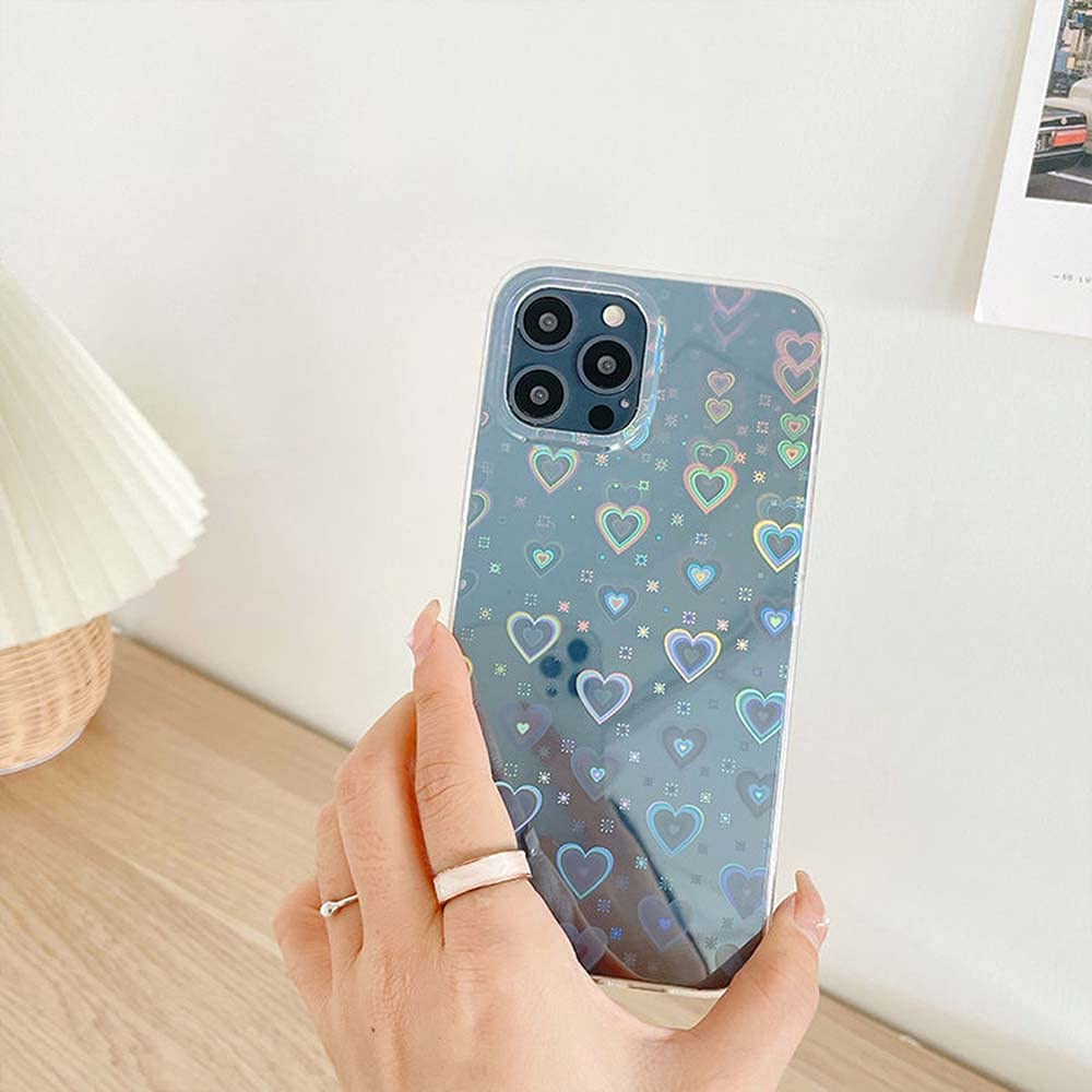 iPhone 14 Pro Max Hybrid Hülle TPU Bumper   Laser Hologramm Glitzer Herze - Transparent