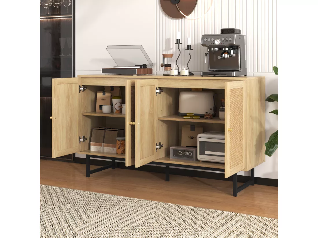 Buffet avec 4 portes en rotin - 140 x 39,5 x 80 cm - Panneau de particules - Coloris bois