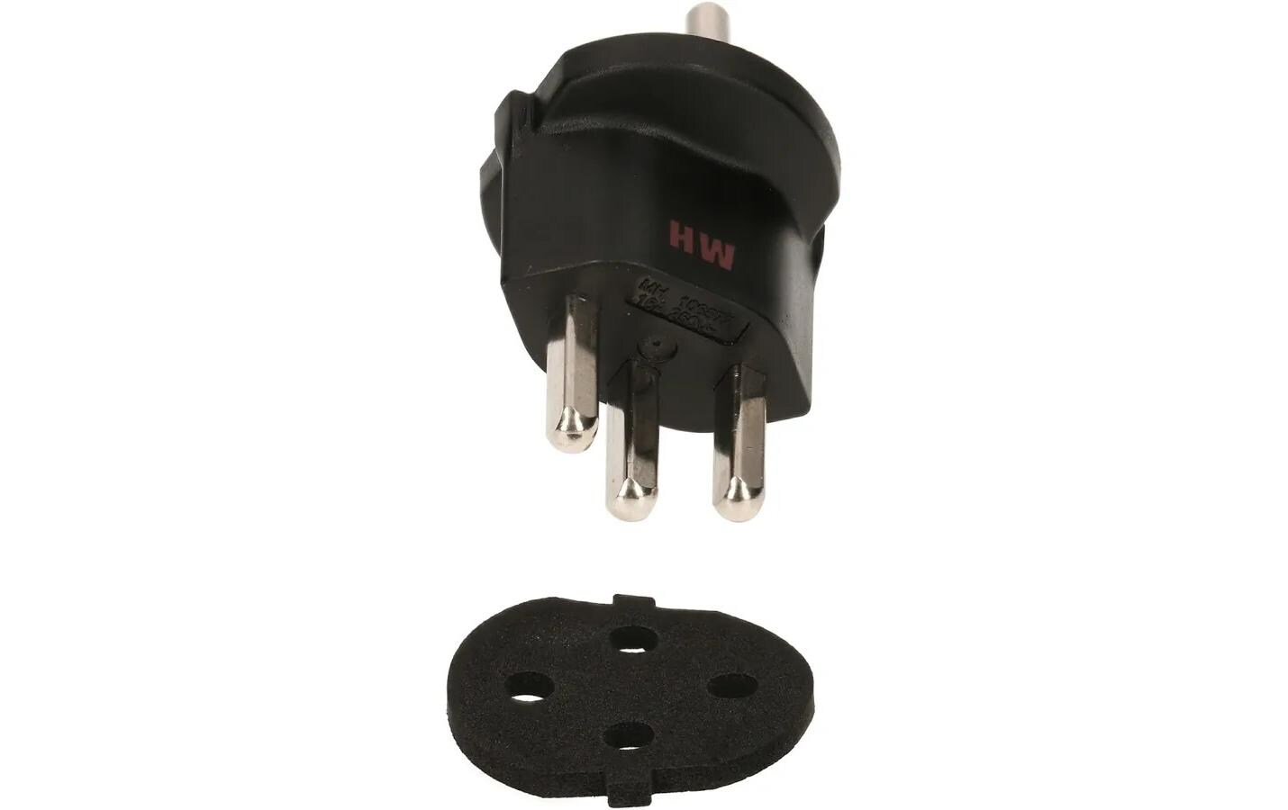 Fixadapter Schuko – T23 IP44, SchwarzFixadapter 3-Pol Deutscher Schuko Stecker auf Schweizer T23 Stecker