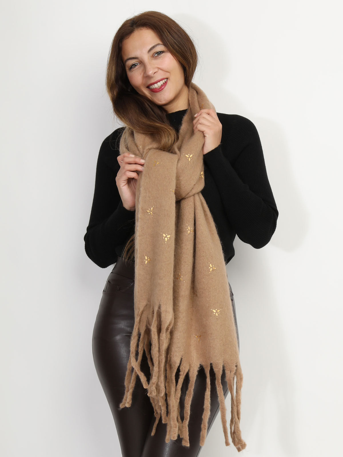 Écharpe duveteuse à motif doré- Camel
