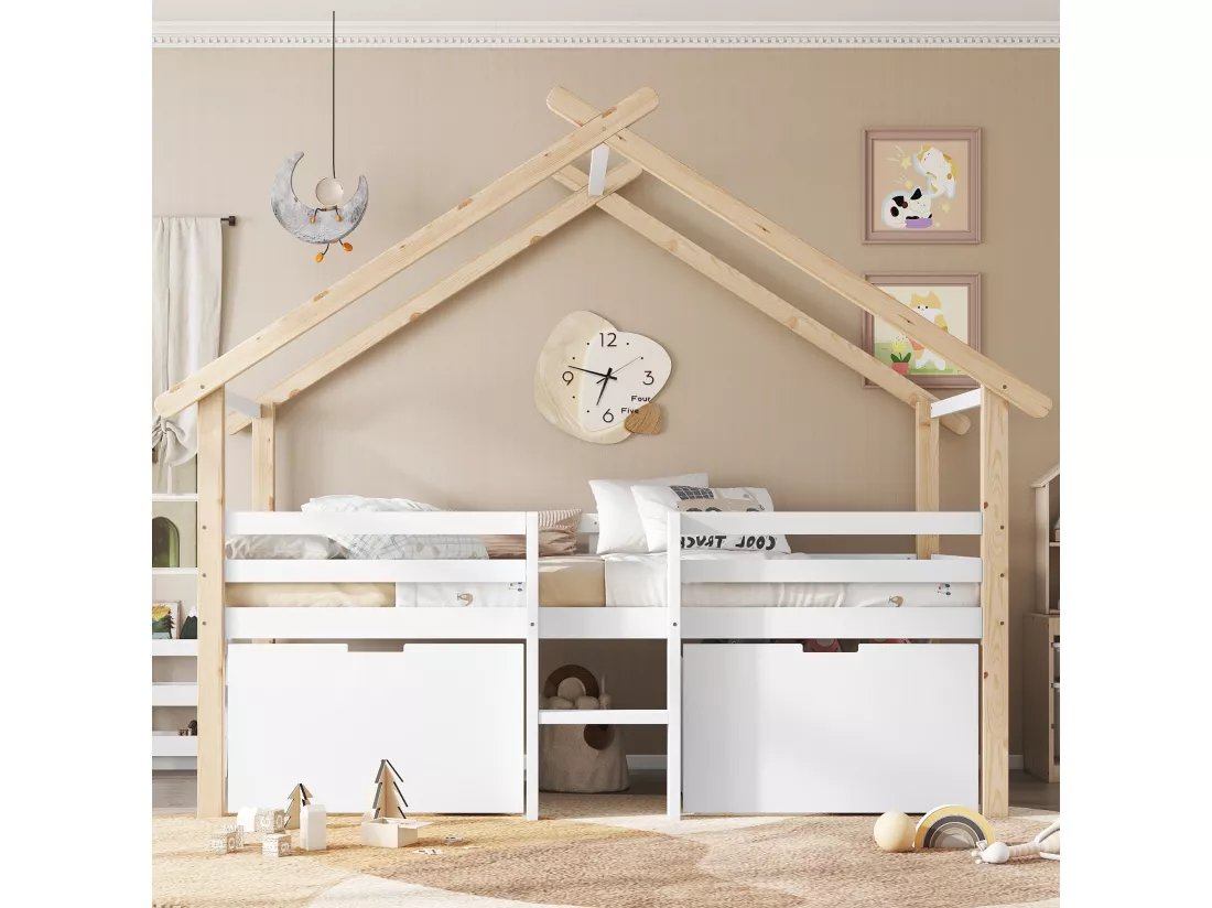 Lit mezzanine en bois 90x200cm - avec 2 tiroirs de rangement - bois massif + MDF - Blanc + Naturel