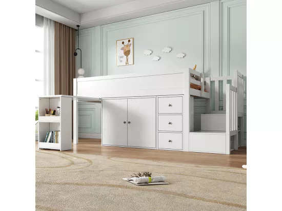 Lits superposés pour enfants 90 * 200 avec Bureau extensible, armoire, tiroirs, escalier, MDF, blanc