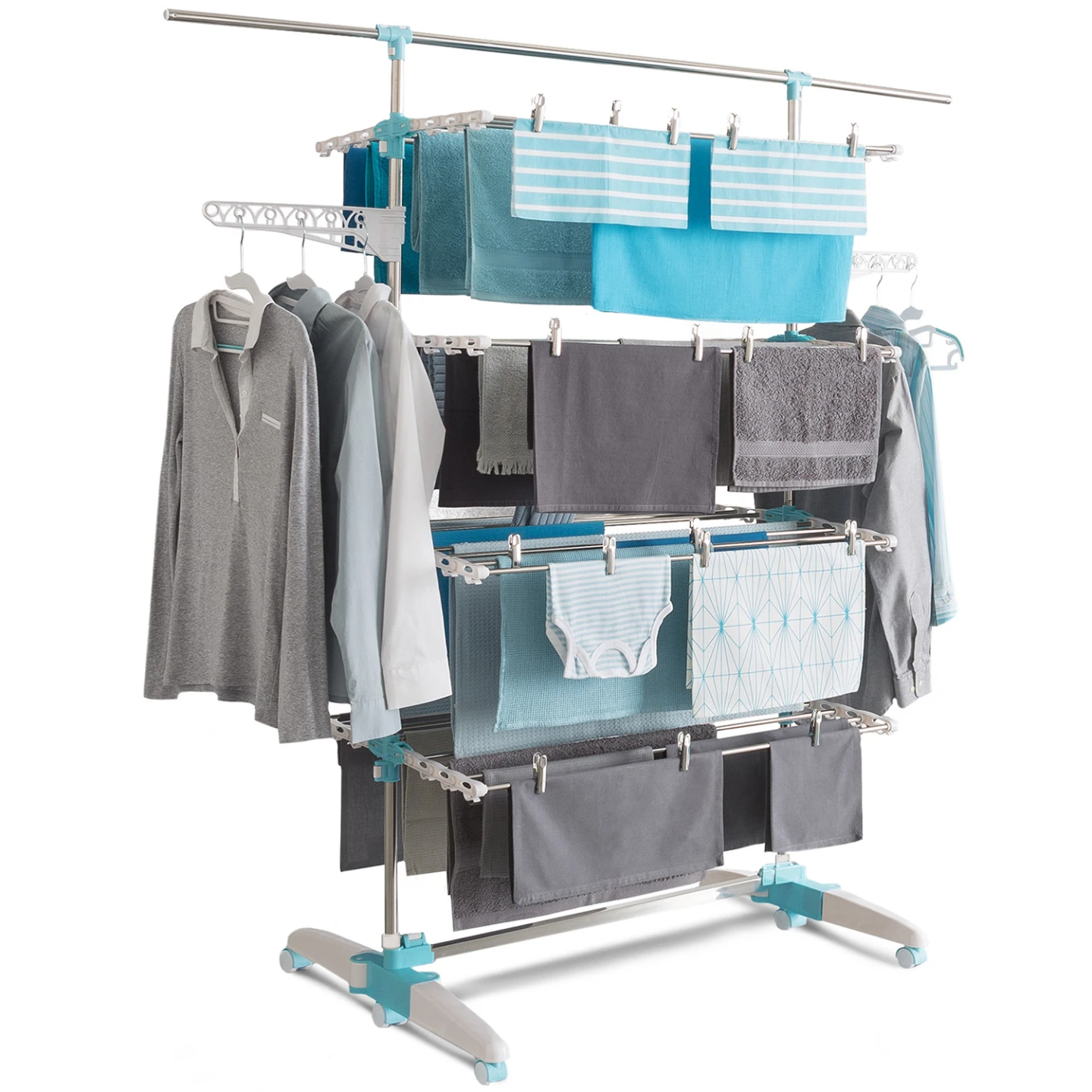 Séchoir à linge vertical pliable 4 niveaux OPTIMUM capacité 30M avec tringle télescopique blanc et bleu