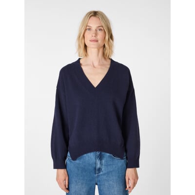 Damen-Strickpullover V-Ausschnitt, Navy