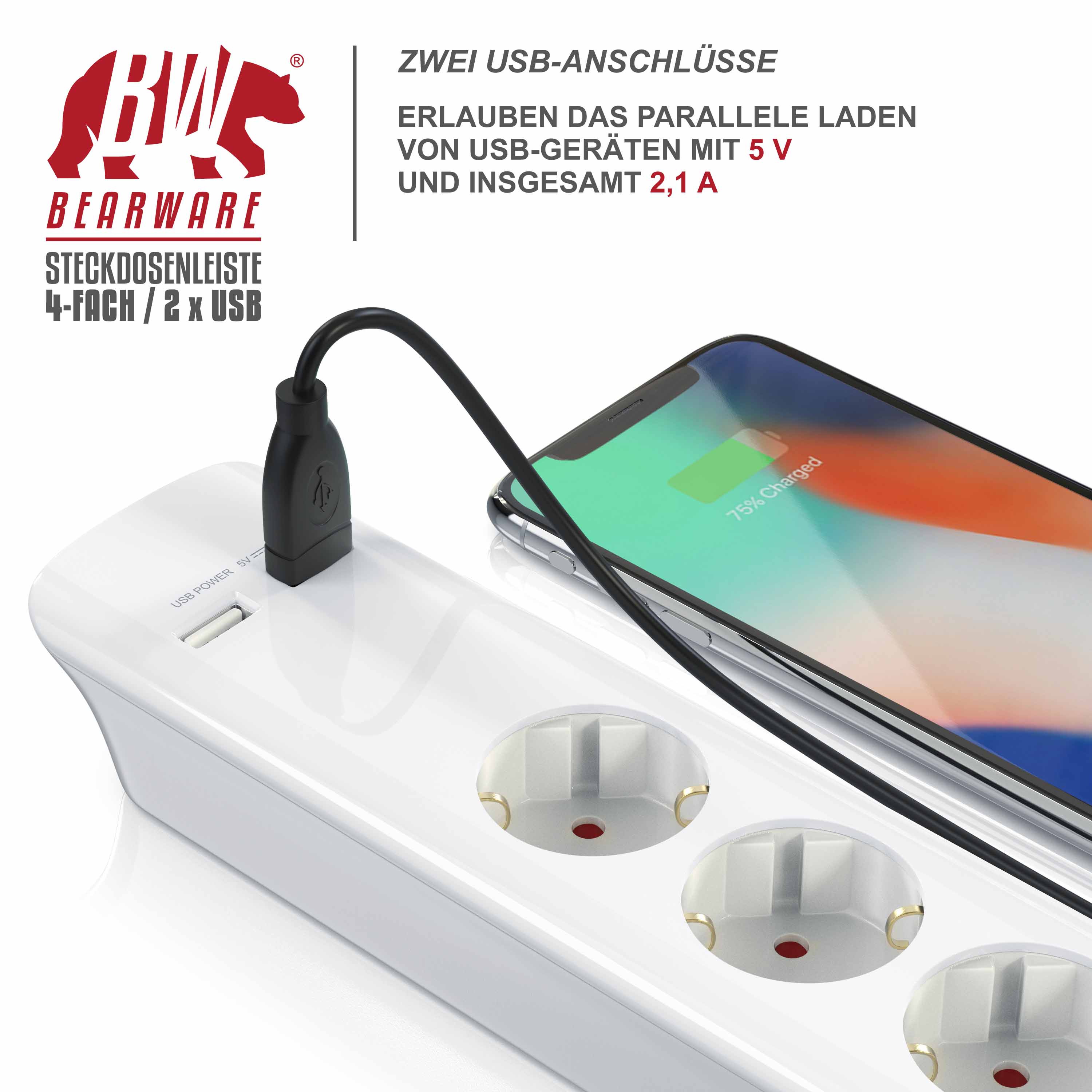 BEARWARE Steckdosenleiste Mehrfachsteckdose Steckerleiste 3680W, 4-fach