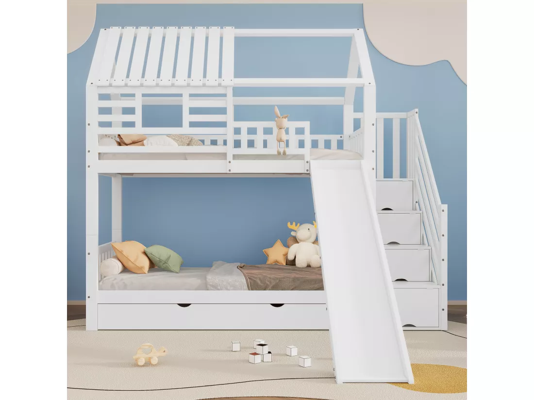 Lit superposé 90x200cm en bois et MDF - avec toboggan et escalier de rangement - un grand tiroir sous le lit - Blanc