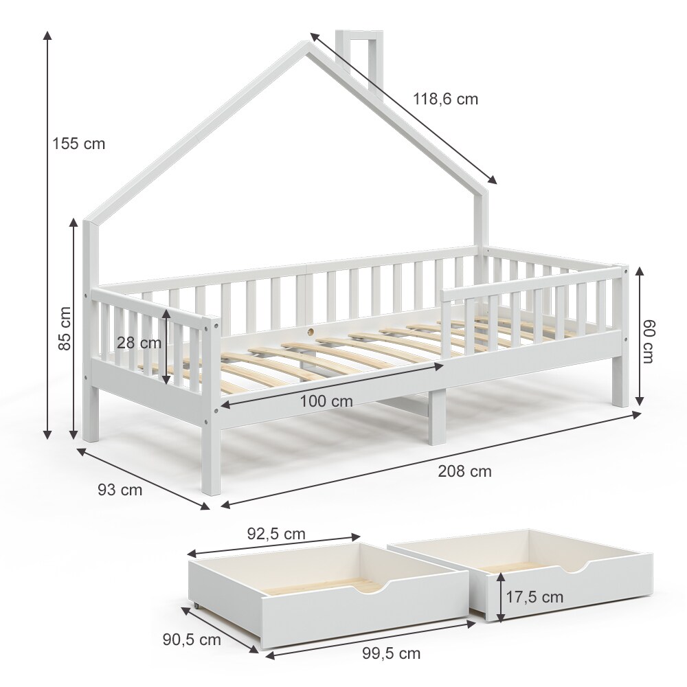 VitaliSpa Hausbett Kinderbett Spielbett Noemi 90x200cm Schubladen Rausfallschutz