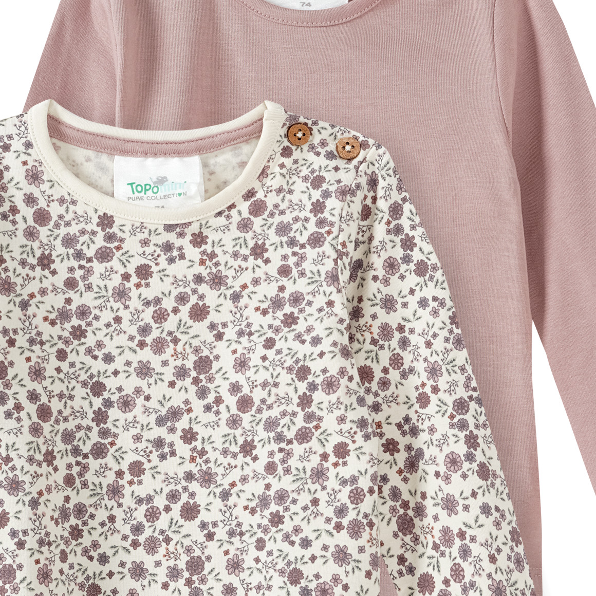 Topomini Pure Collection 2 Baby Langarmshirts mit Blümchen hellbeige / puderrosa