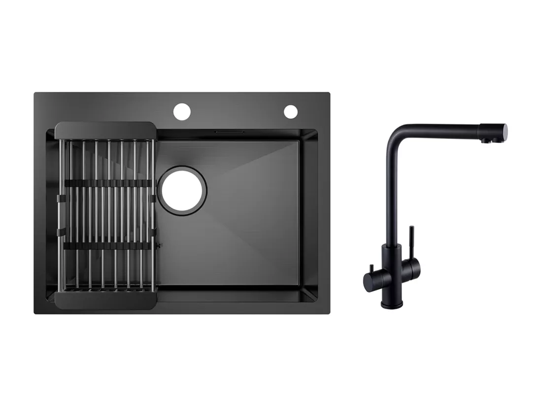 Évier Cuisine 1 Bac 60×45×18CM Évier Inox Noir avec Panier de Drainage + Mitigeur Evier à 3 Voies, 2 Leviers, Noir