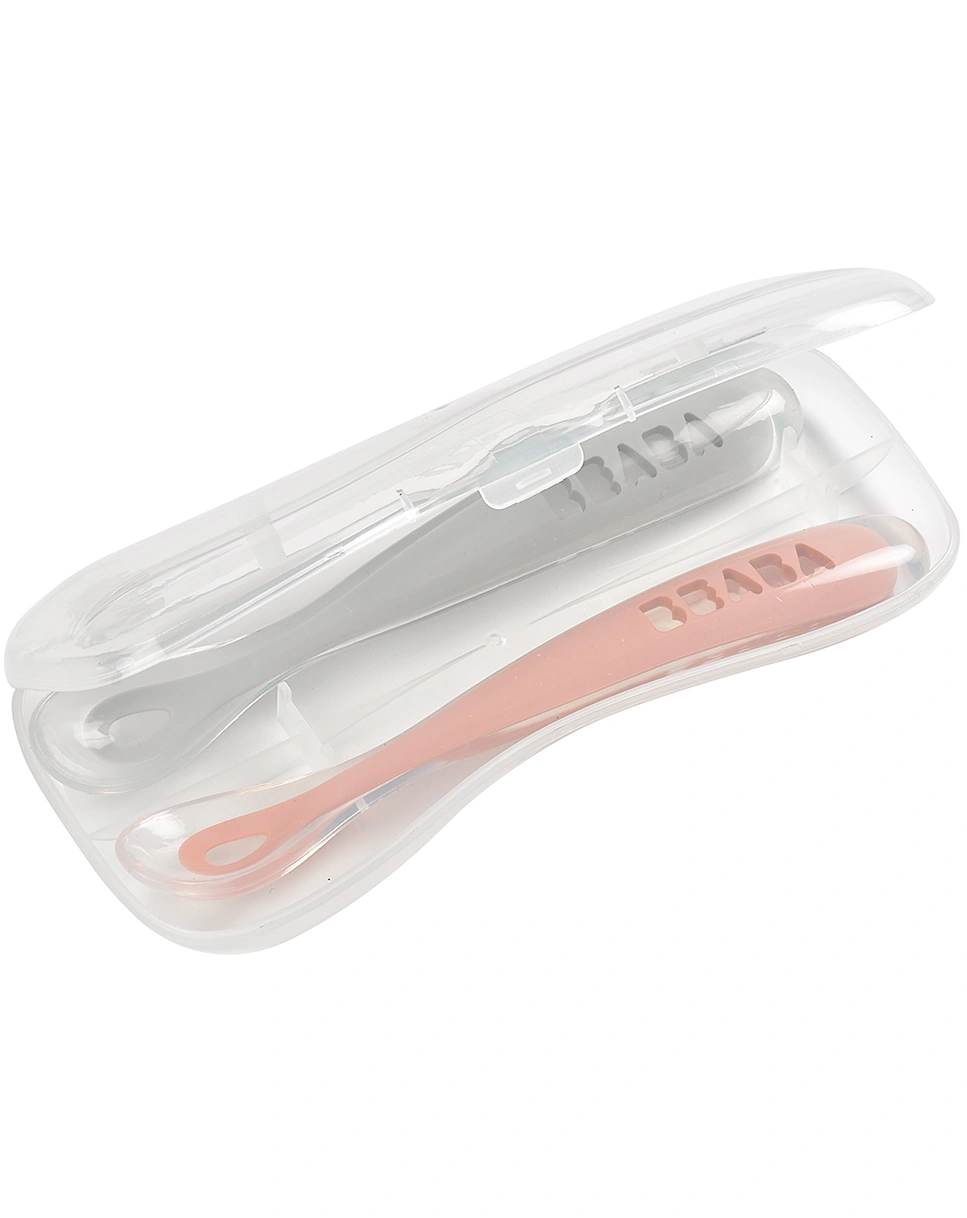 Silikon-Löffel FIRST MEAL 2er Set mit Box in grey/pink
