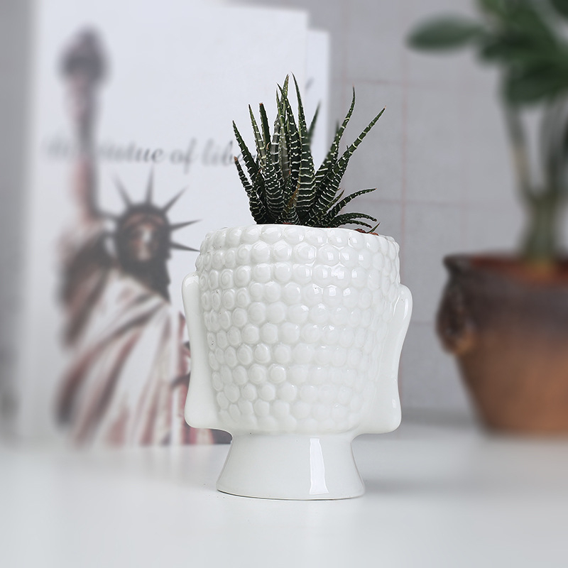 (11x10cm) Mini Keramik Blumentopf Pflanzen Vase Home Deko - Buddha Kopf
