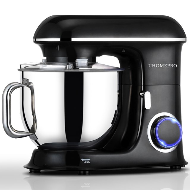 Batedeira de pedestal uhomepro de 7,5 QT para cozinha, 6 velocidades + 0 + P, cabeça inclinável, 660 W, batedeira elétrica para massa, uso doméstico e comercial, com gancho para massa, batedor, batedor de ovos, espátula, própria para lava-louças.