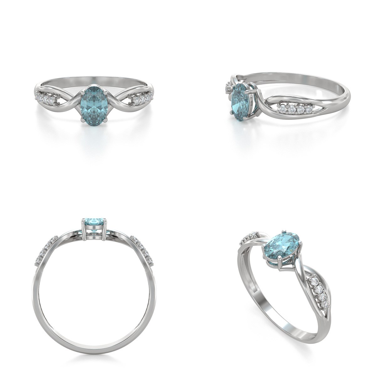 Bague ADEN fiançailles pierre Aigue-marine véritable épaulée 8 petits diamants sur anneau argent rhodié