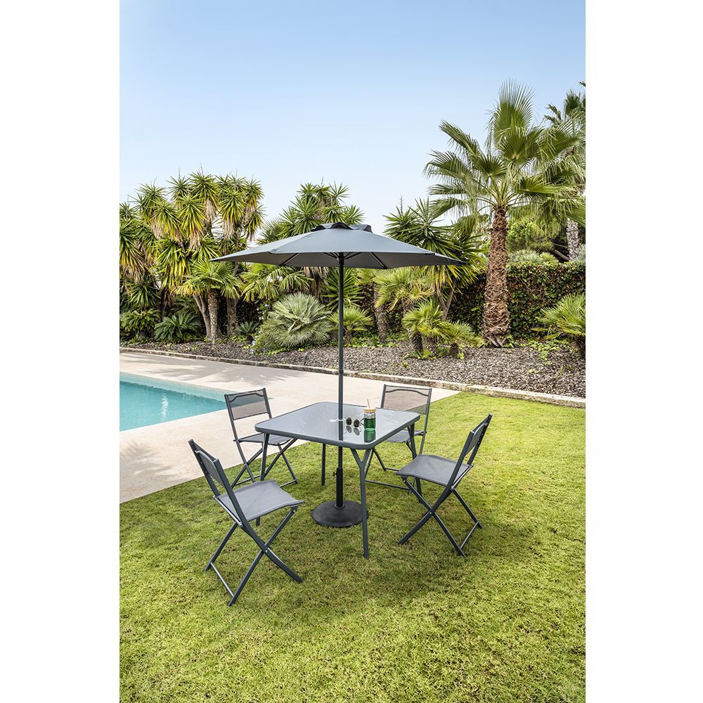 Ensemble repas London avec parasol 4 personnes gris L90xl90xH71cm