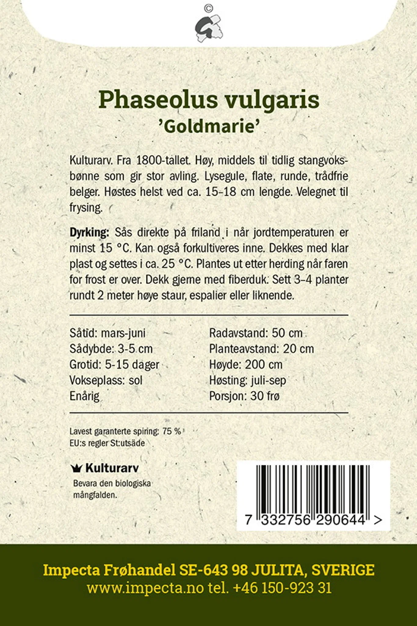 Phaseolus vulgaris 'Goldmarie' Stangvoksbønne 'Goldmarie'