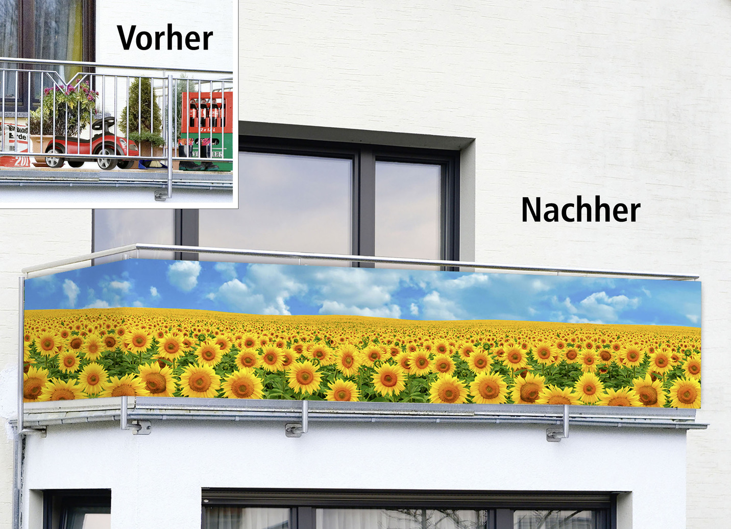 Balkonsichtschutz mit Sonnenblumen-Motiv