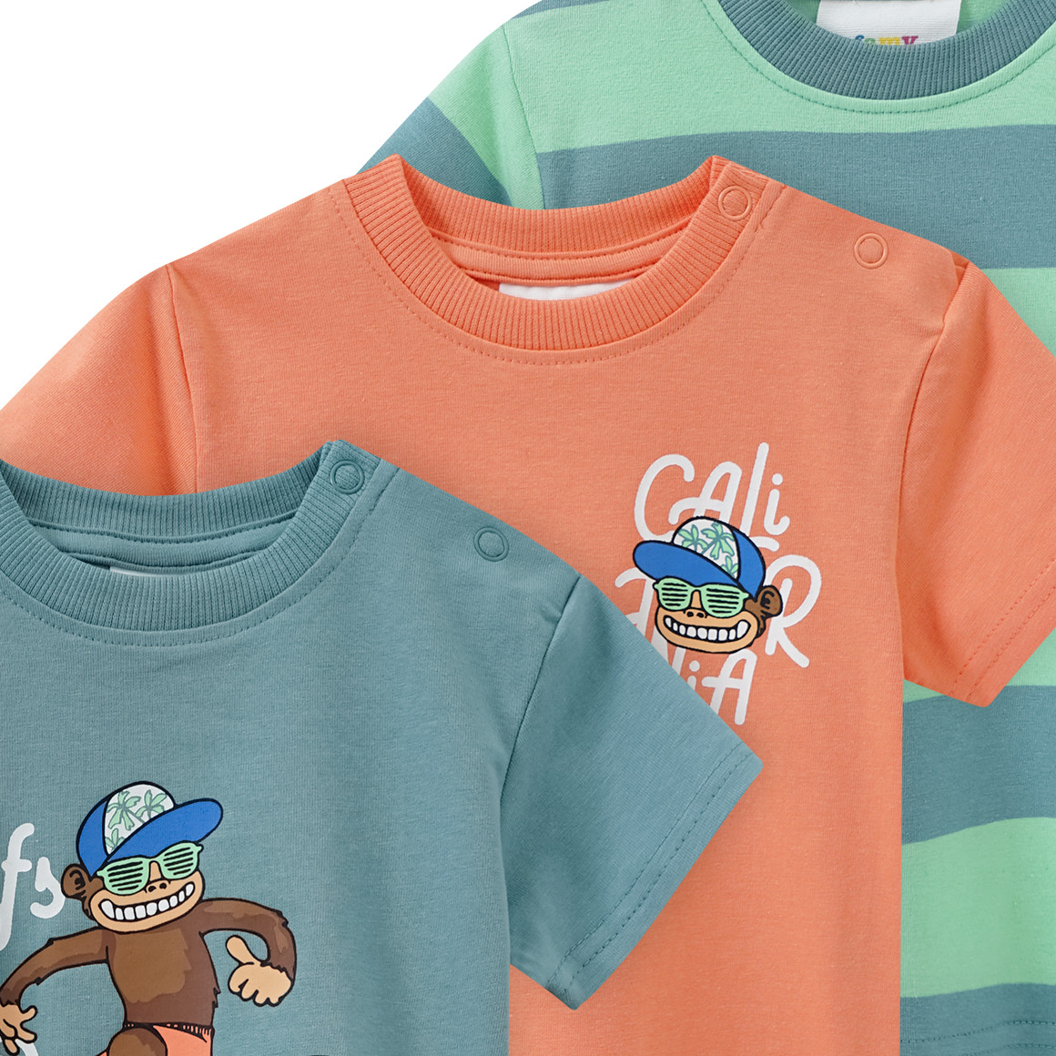 Famy 3 Baby T-Shirts in verschiedenen Dessins dunkelgrün / hellgrün / orange