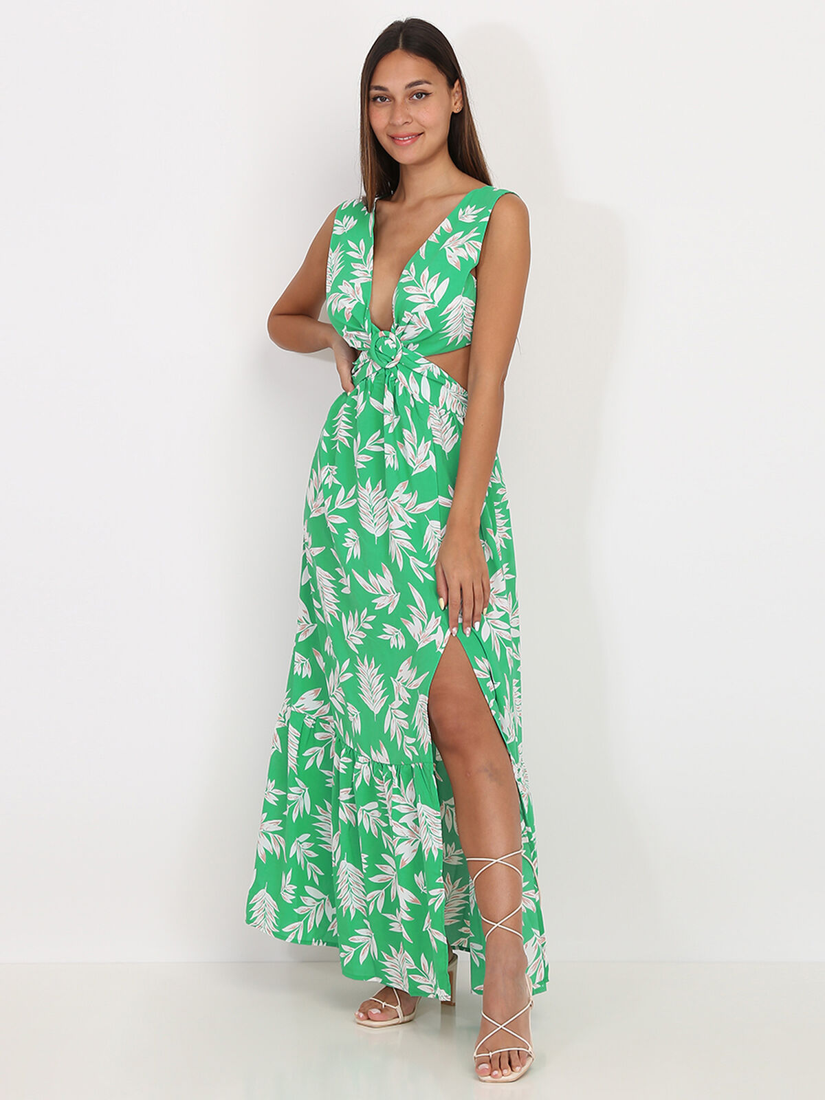 Robe cut out à imprimé feuilles- Vert