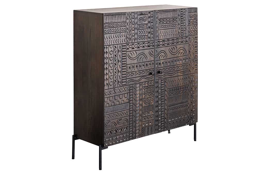 Massives Highboard TRIBAL 120cm antik braun Mangoholz 3D-Front viel Stauraum