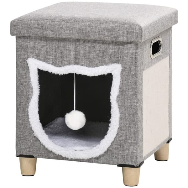 Cat Cave Ottoman Med Pute Og Skrapematte Lekeball Anti-Skli Grå Polyester For Katter
