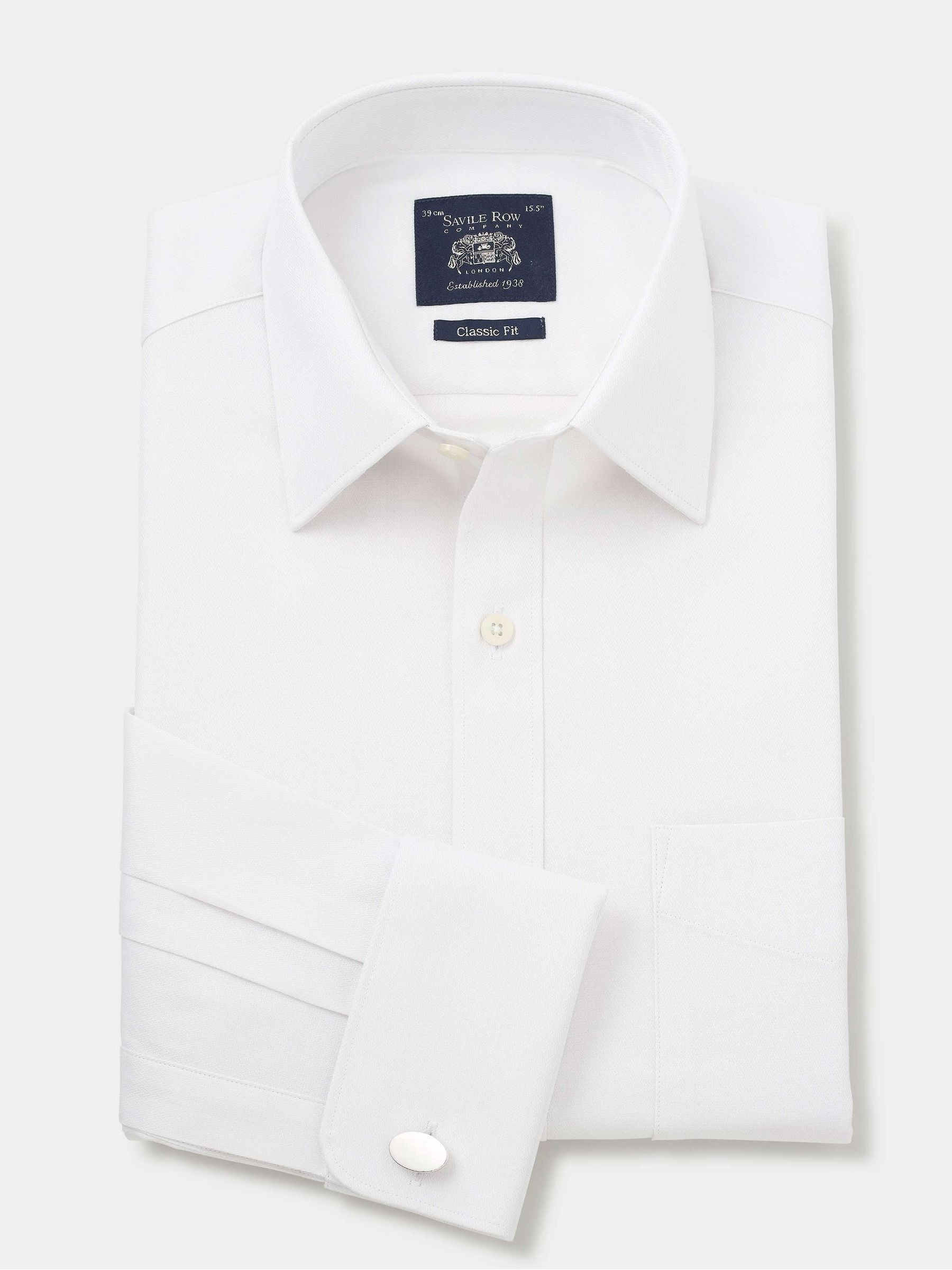 Wit - Savile Row Company Classic Fit formeel overhemd met visgraatmotief en dubbele manchet van 100% katoen
