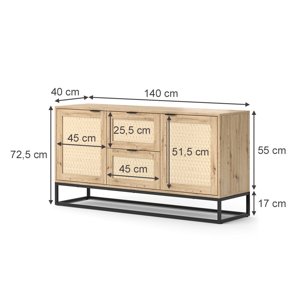 Vicco Sideboard Natal Eiche 140 x 72 cm 2 Türen 2 Schubladen
