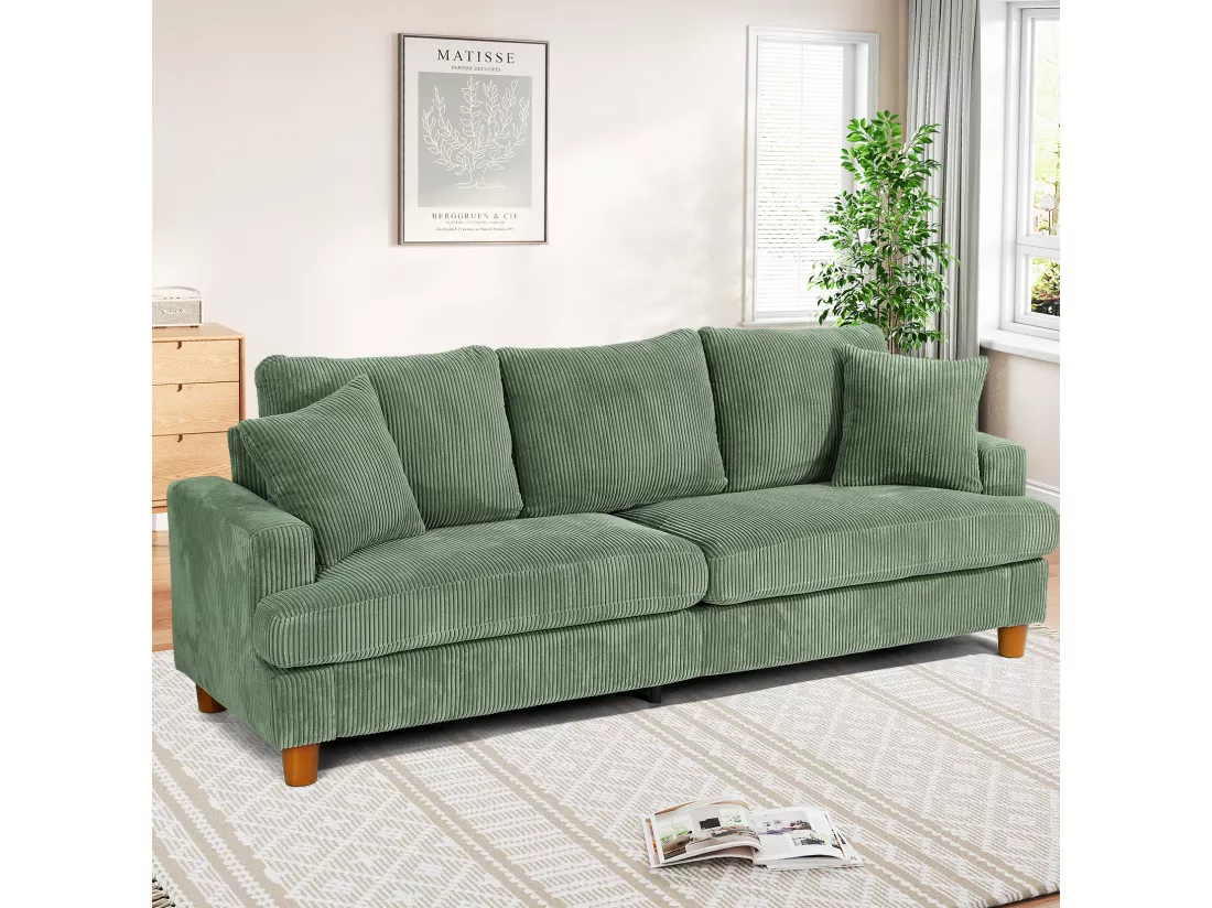 Canapé en Velours Côtelé 3 Places,Grand Canapé Droit Rembourré Moderne avec Sièges extra profonds de 53cm - 2 Coussins - 220x76x84cm - Vert