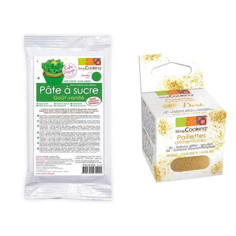 Pâte à sucre verte 250 g arôme vanille + paillettes dorées Scrapcookin