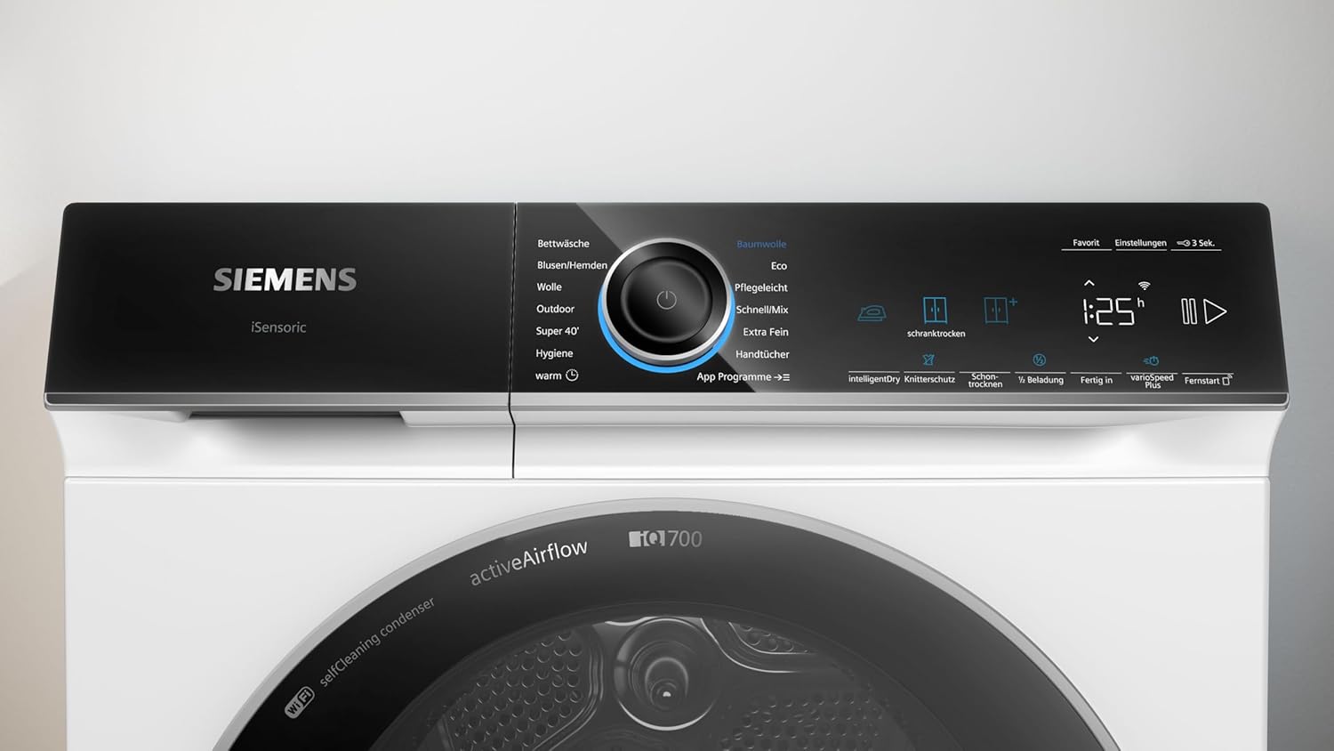 Siemens WR47B2C40 iQ700 Wärmepumpen-Trockner, 9 kg, Selbstreinigender Kondensator, AutoDry, Kurzprogramm 40', Nachlegefunktion, Reversierende Trommel, halbe Beladung, LED-Display, Touch Control