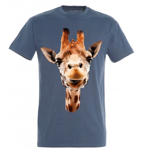 Camiseta feminina com estampa de girafa, azul