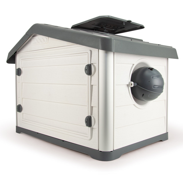Loboo – Smartkave Casinha Modular para Cães na Cor Antracite, com Piso Elevado, Paredes Isoladas, Comedouro, Bordas Arredondadas e Parede Traseira Articulada.