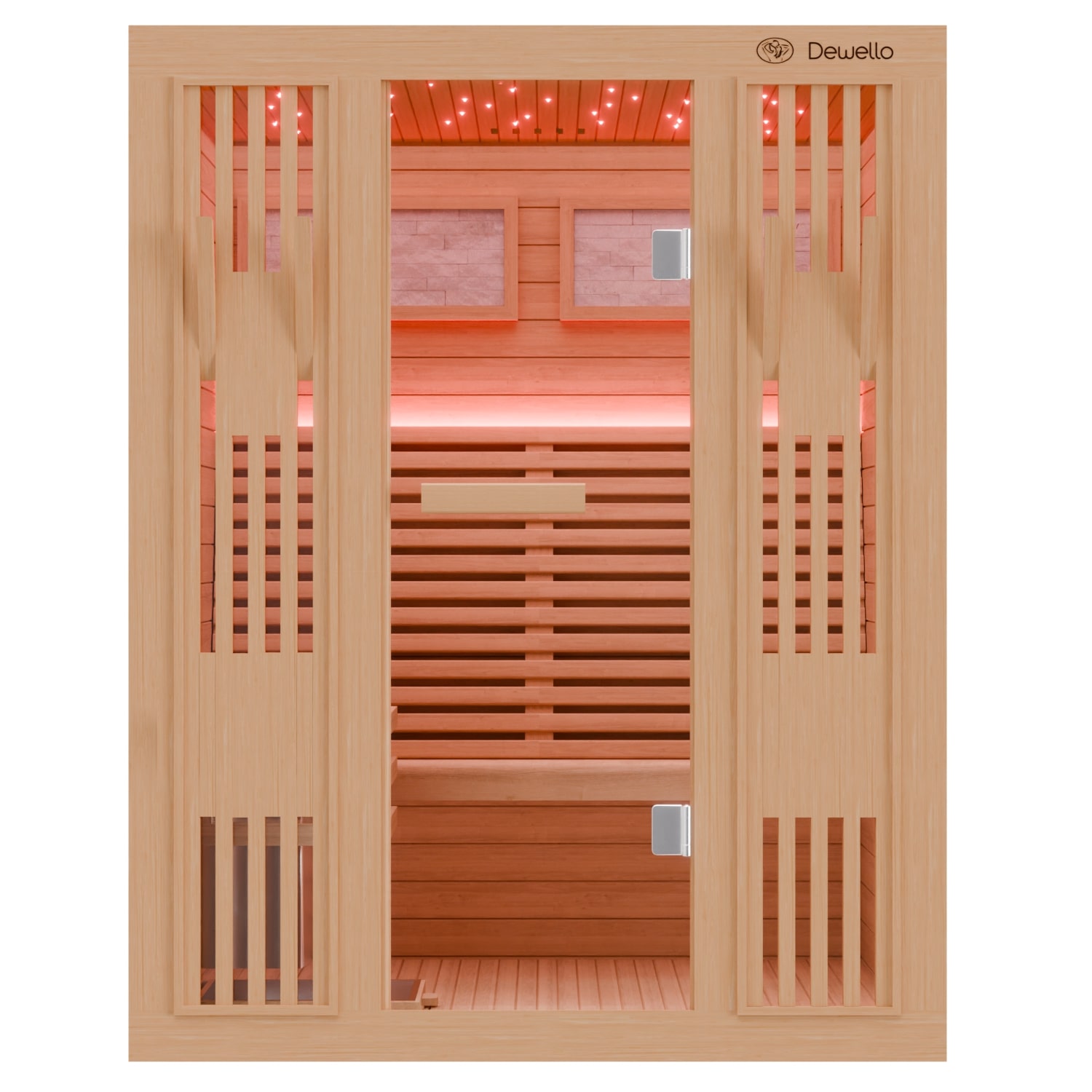 Dewello Finnische Sauna MINTO 150x130 Kabine aus Hemlock Tannenholz mit 4,5 kW Harvia Ofen, inkl Sauna Set
