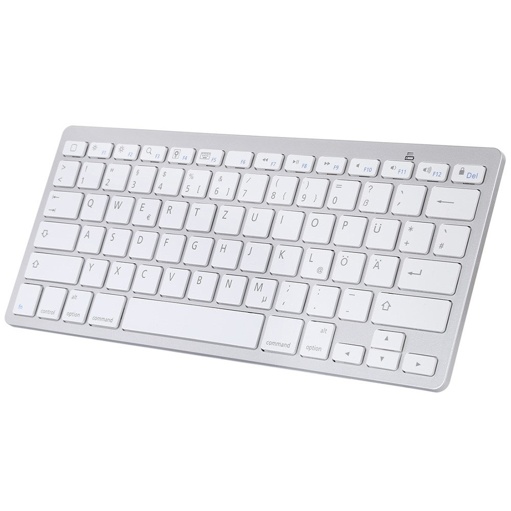 (DE Layout QWERTZ) Universal Bluetooth Tastatur Slim Design im Alu Look - Silber / Weiss