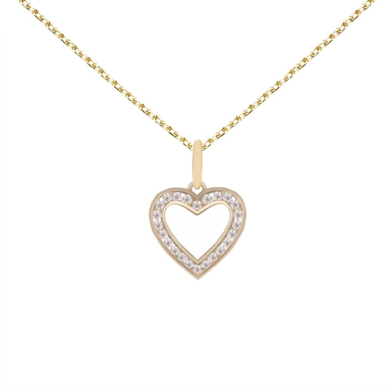 Collier - Pendentif Or Jaune Coeur Serti de Zirconiums - Chaine Dorée Offerte
